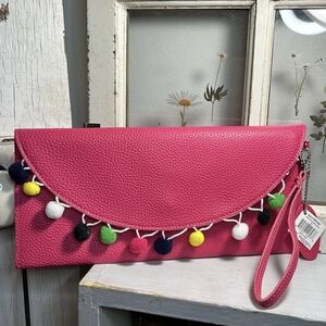 Mainstreet Collection | Pink Pom Pom Vegan Leather Clutch NWT